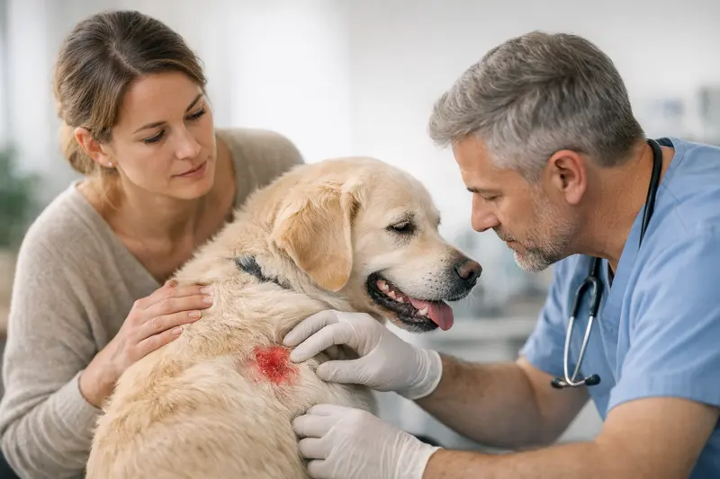 Hotspot beim Hund: Schnelle Behandlung ist wichtig Ein Hund mit einem Hotspot wird sanft von seinem Besitzer betrachtet, während er ärztliche Hilfe benötigt.