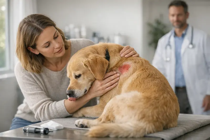 Hund mit Hotspot beim Tierarzt Ein Hund mit einem Hotspot an seiner Haut wird vom Tierarzt untersucht.