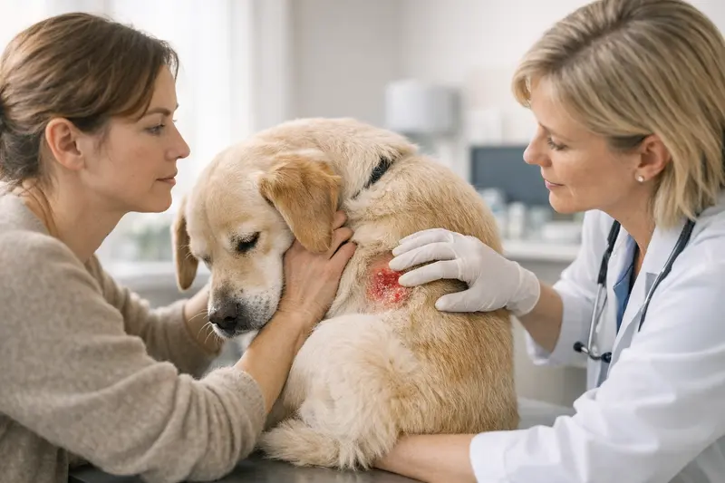 Hotspot Behandlung beim Hund Ein Hund mit sichtbarem Hotspot, der tierärztliche Aufmerksamkeit benötigt.