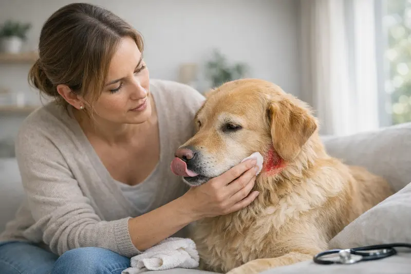 Tierarztuntersuchung bei Hund mit Hotspot Ein Hund mit einem Hotspot wird von einem Tierarzt untersucht, um die Entzündung zu behandeln.