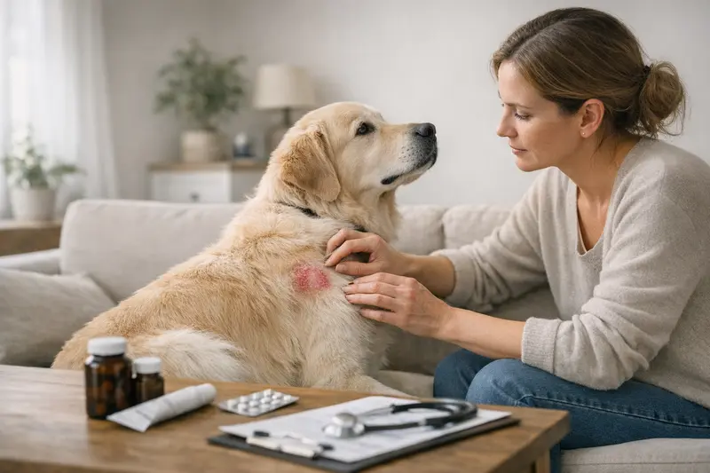 Tierarztbesuch wegen Hautproblemen Hund mit Hautproblemen beim Tierarzt zur Untersuchung