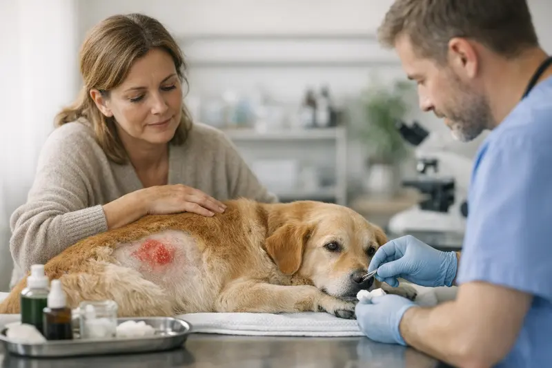 Hotspot Behandlung beim Hund Hund mit Hautproblem, das auf einen Hotspot hinweist, beim Tierarzt untersucht.