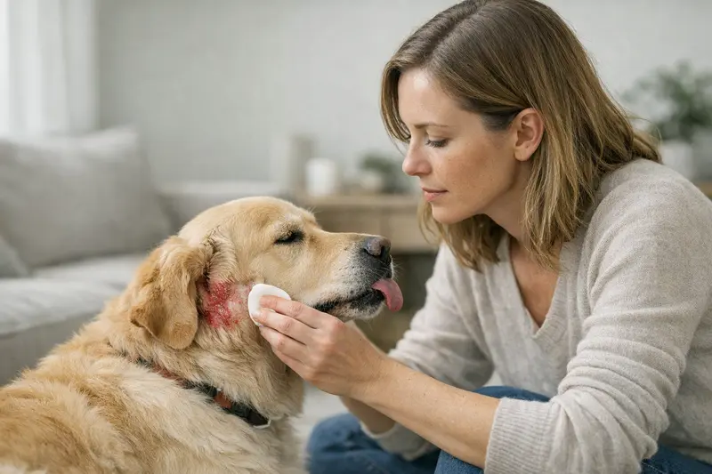 Hund mit einem Hotspot, der behandelt wird, um die Gesundheit des Tieres wiederherzustellen.