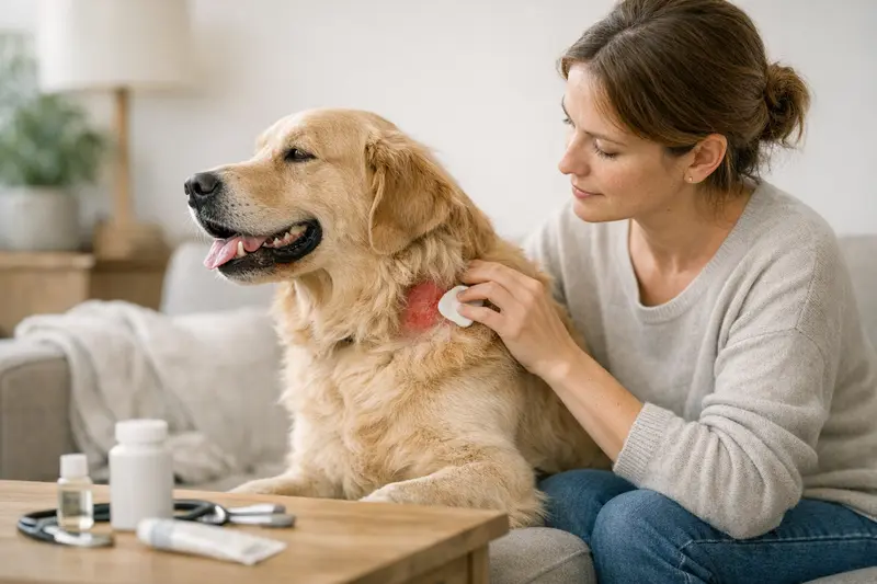 Hund beim Tierarzt wegen Hotspot-Behandlung Hund beim Tierarzt mit verdächtigen Hautstellen, der auf Behandlung von Hotspots kontrolliert wird.