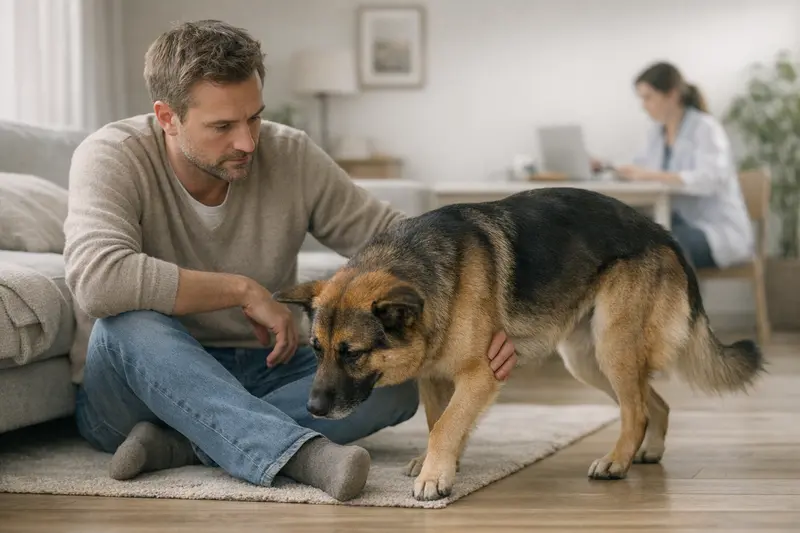 Hund bei der Untersuchung auf Hüftdysplasie Ein Hund, der beim Tierarzt untersucht wird, um Symptome einer Hüftdysplasie festzustellen.