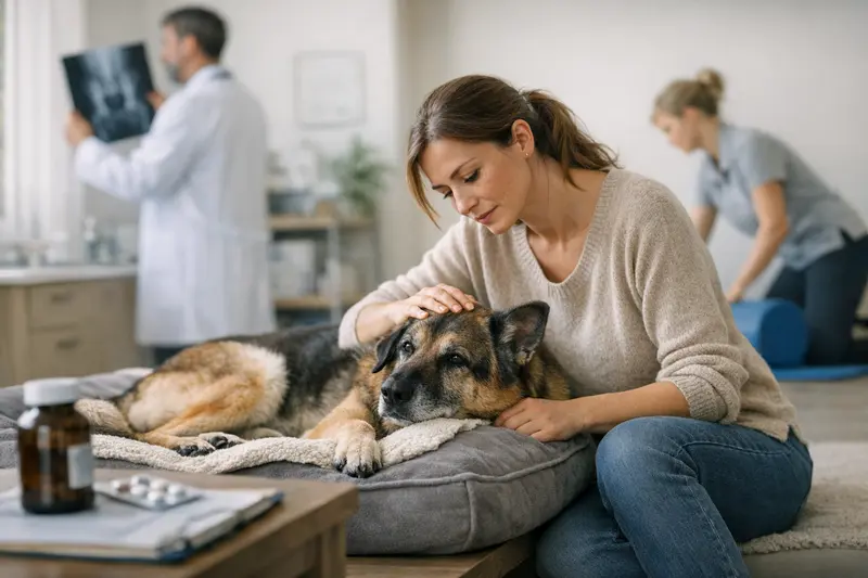 Ein Hund erhält eine Untersuchung beim Tierarzt zur Diagnose von Hüftdysplasie.
