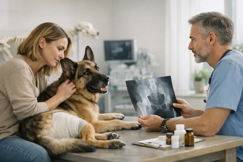 Hüftdysplasie beim Hund - Tierarztuntersuchung Ein Hund, der bei einem Tierarzt untersucht wird, um mögliche Hüftdysplasie zu überprüfen.
