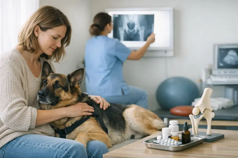 Hund wird bei Hüftproblemen tierärztlich untersucht, um notwendige Leistungen zu klären.