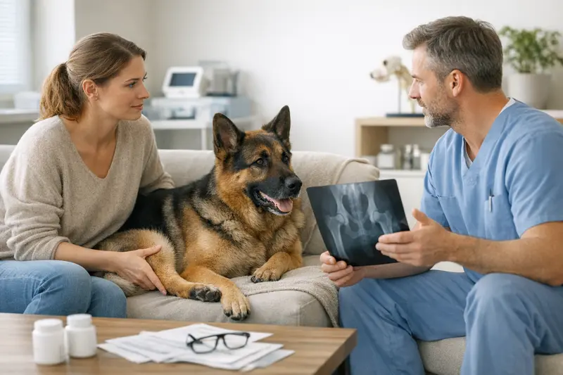 Ein gesunder Hund beim Tierarzt zeigt, wie eine frühzeitige Diagnostik bei HD die Tierarztkosten besser planbar macht.