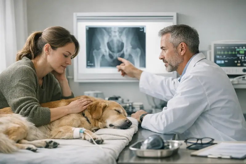 Röntgen und Sedation bei Hüftdysplasie-Diagnose Ein Hundebesitzer bespricht mit einem Tierarzt die Röntgenuntersuchung zur Diagnose von Hüftdysplasie.