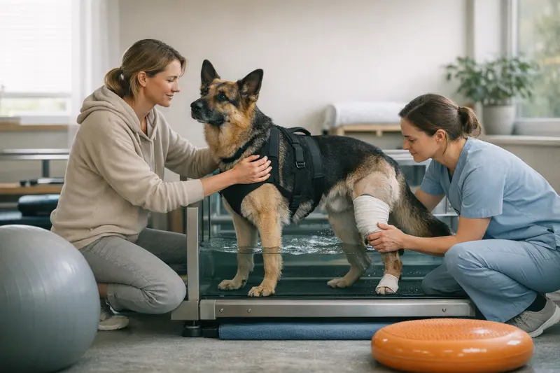 Physiotherapie für Hunde nach Hüftdysplasie-OP Hund während einer Physiotherapie nach einer Hüftdysplasie-Operation