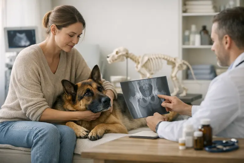 Ein Hund beim Tierarzt, der eine Untersuchung wegen Hüftdysplasie erhält.