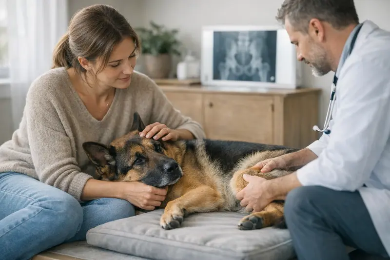 Hundekrankenversicherung und Hüftdysplasie Ein Tierarzt untersucht einen Hund auf Hüftdysplasie während eines Beratungsgesprächs zur Hundeversicherung.