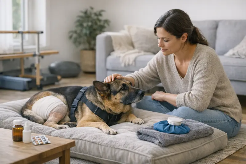 Tierarztuntersuchung Hund nach OP Der Tierarzt untersucht einen Hund nach einer Operation zur Hüftbehandlung.