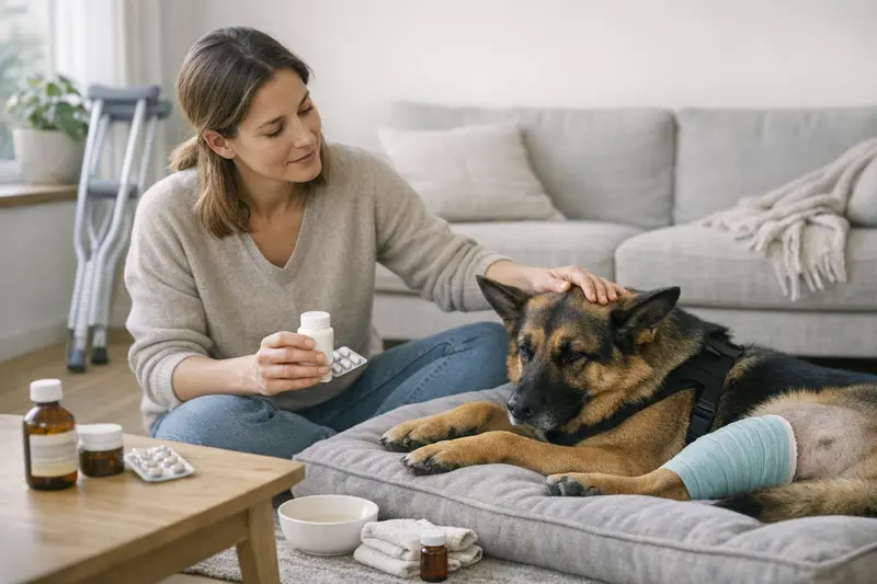 Ein Hund bei der Nachsorge nach einer Operation zur Hüftbehandlung.