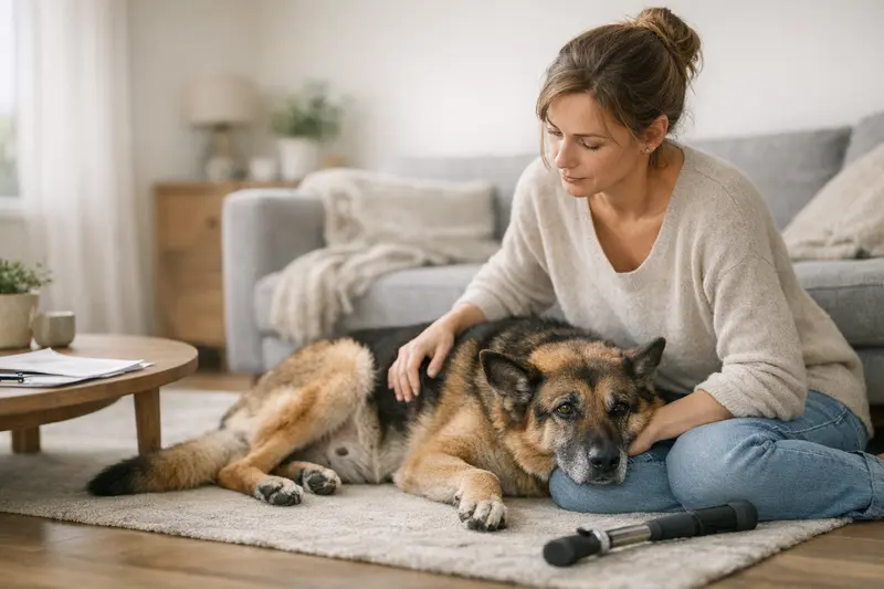 Hund mit gesundheitlichen Symptomen und Tierarztbesuch Hund mit Symptomen beim Tierarzt, was auf Versicherungsfragen hinweist.