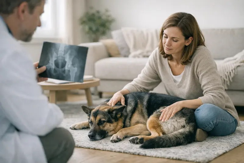 Hundekrankenversicherung und Vorerkrankungen Eine besorgte Hundebesitzerin betrachtet die Symptome ihres Hundes und fragt sich nach dem Versicherungsschutz.
