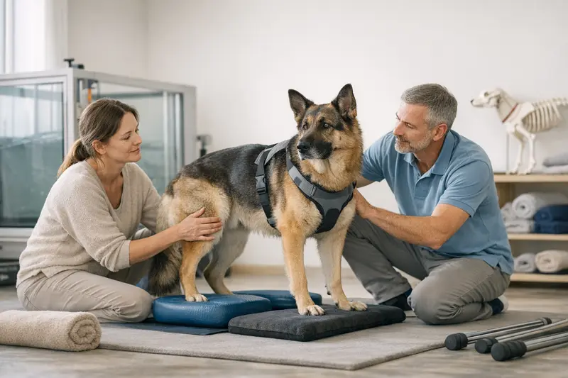 Physiotherapie bei Hüftprobleme Hund Hund in der Physiotherapie zur Rehabilitation nach einer Hüftoperation.