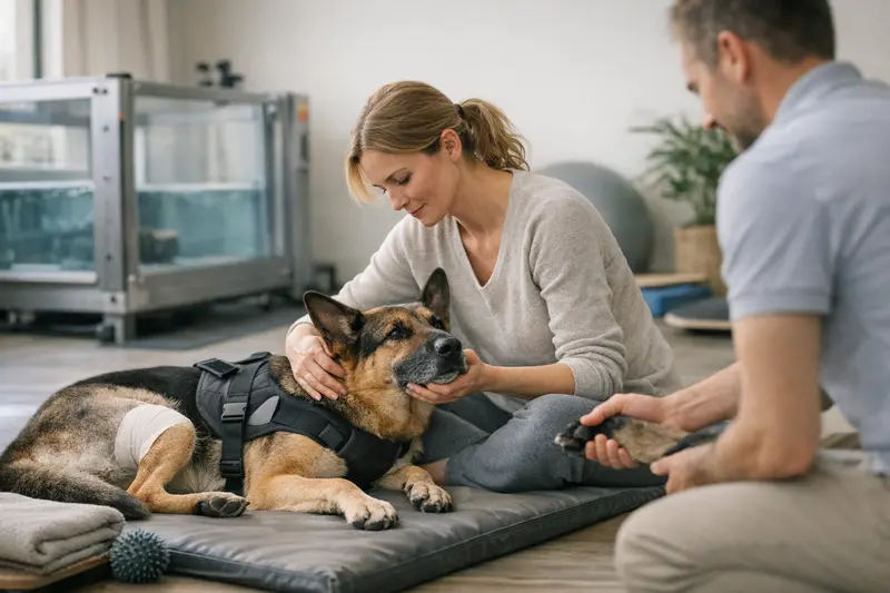Physiotherapie Hund Hüftbehandlung Physiotherapie für Hunde nach Hüftbehandlung zur Förderung der Genesung.