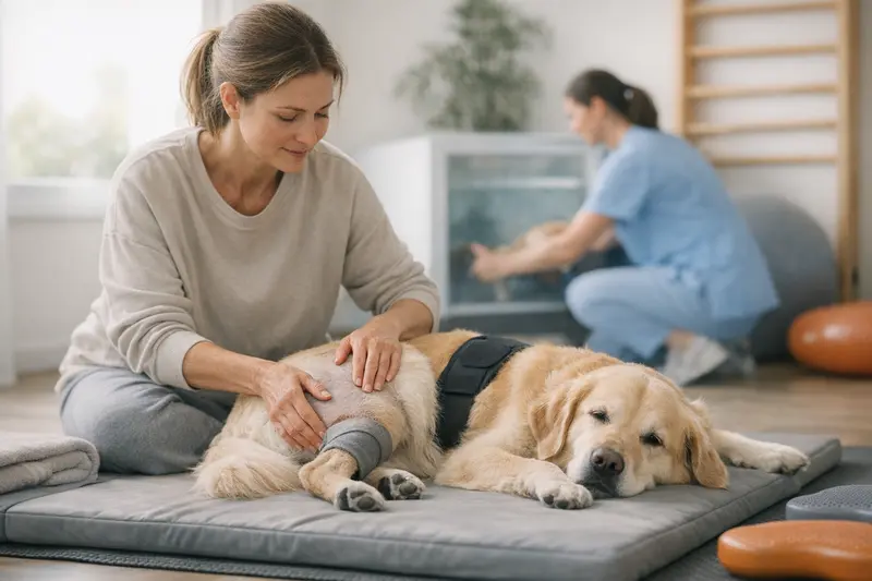 Physiotherapie für Hunde nach Hüftbehandlung Zusammenarbeit zwischen Tierarzt und Hundebesitzer während der Physiotherapie nach einer Hüftoperation.