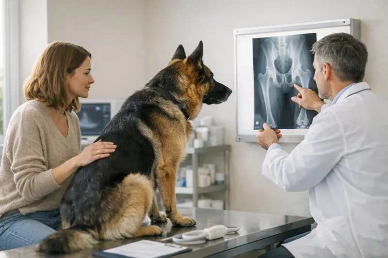 Hund beim Tierarzt zur Hüftdiagnose Ein Hund sitzt beim Tierarzt und erhält eine Untersuchung wegen möglicher Hüftprobleme.