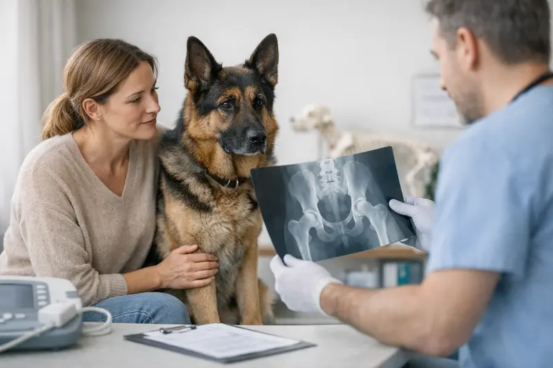 Diagnostik von Hüftproblemen bei Hunden Tierarzt untersucht Hund auf Hüftprobleme, um Diagnostik zu klären.