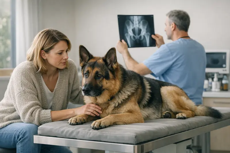 Diagnostik bei Hundehüftproblemen Tierarzt untersucht Hund auf Hüftprobleme mit Bildgebung.