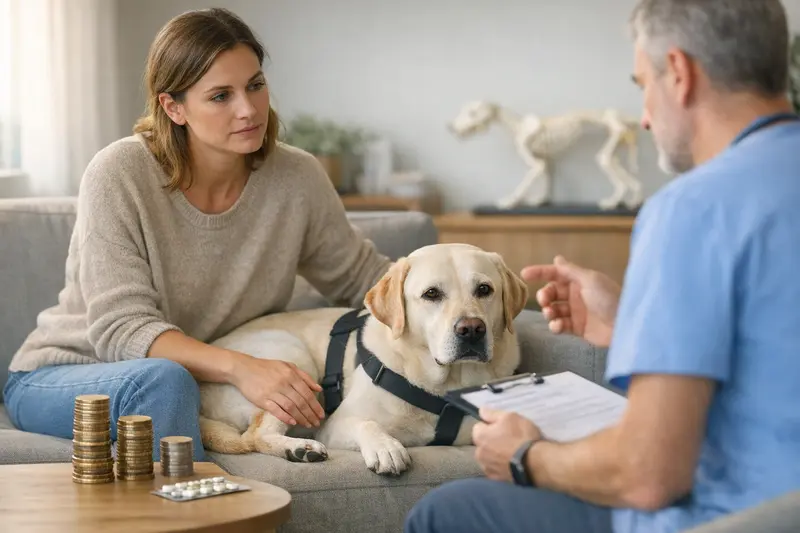 Hund Tierarzt Behandlungskosten Ein Hund beim Tierarzt mit einem Besprechungsprotokoll zu Behandlungskosten und Versicherungserstattung.