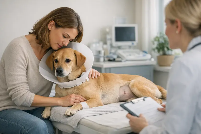 Tierarzt untersucht eine Hündin auf mögliche Gesundheitsprobleme vor der Kastration.