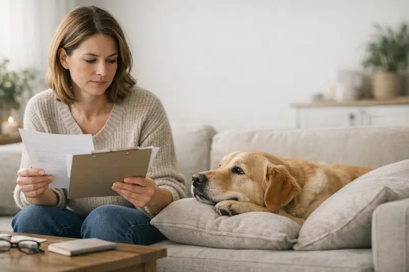 Wartezeiten und Ausschlüsse in der Tierhalterversicherung Ein Hundebesitzer prüft die Versicherungspolice und denkt über Wartezeiten und Ausschlüsse nach.