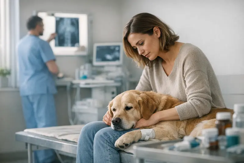 Tierarztkosten im Notfall Bild eines Tierarztes, der einen Hund untersucht, während Notfallkosten für Tierarztbesuche besprochen werden.