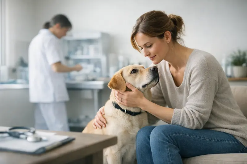 Ein glücklicher Hund mit einem Tierarzt, der eine Untersuchung durchführt, um die Notwendigkeit einer Absicherung zu verdeutlichen.