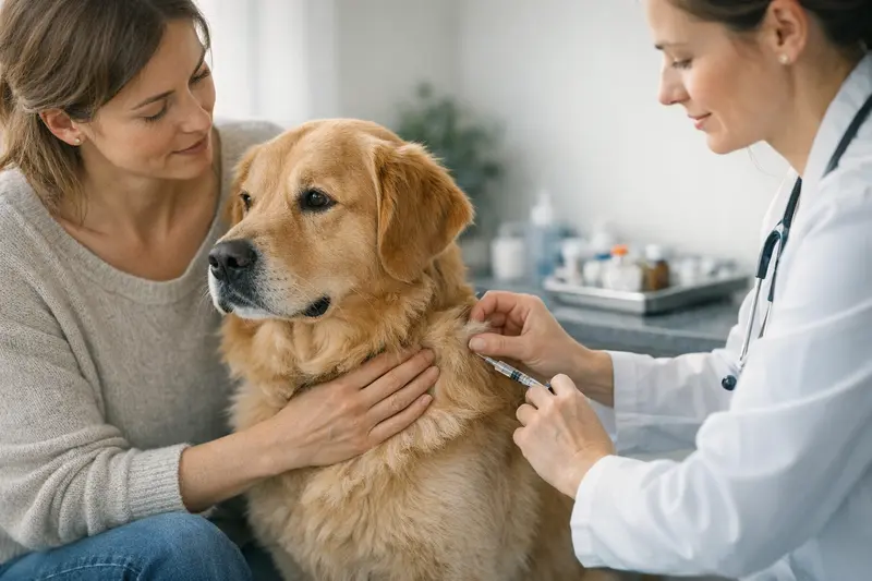 Hundehalter mit seinem Hund beim Tierarzt, Bildung über Impfungen und Vorsorgeleistungen.