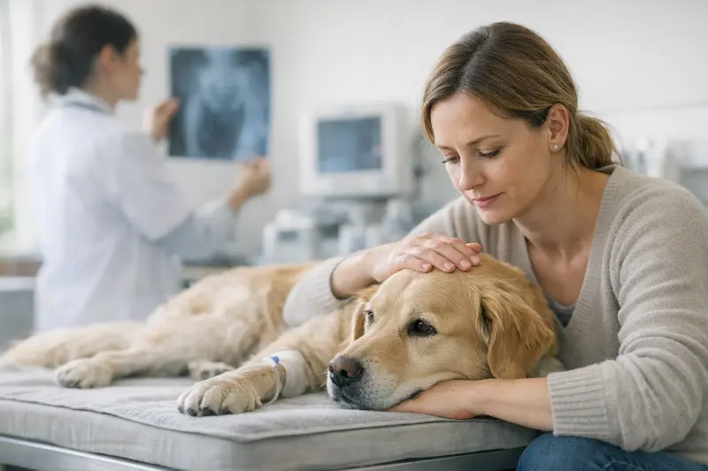 Tierarztkosten für Diagnostik und Nachsorge Tierarzt untersucht einen Hund, diagnostische Tests werden durchgeführt.