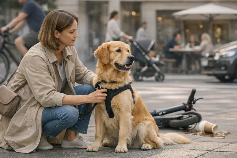 Hundehaftpflicht beim Stadttrip Ein Hund mit einem Hundebesitzer in einer belebten Stadt während eines Ausflugs.