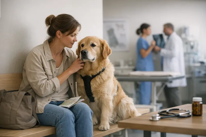 OP-Versicherung für Hund im Urlaub Hundehalter überprüft die OP-Versicherung für seinen Hund beim Tierarzt während eines Städetrips.