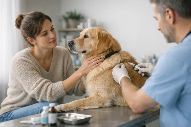 Ein Hund beim Tierarzt zur Impfungsberatung, um über Vorsorgeleistungen und Kosten zu informieren.