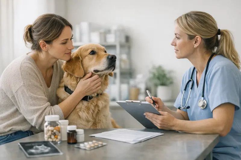 Glücklicher Hund beim Tierarzt, der eine tierärztliche Untersuchung erhält, um die Wichtigkeit von Tarifdetails zu verdeutlichen.