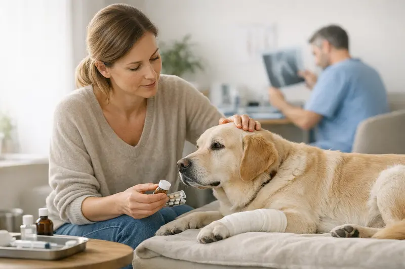 Diagnose und Nachsorge für Hunde-Operationen Ein Hund während einer tierärztlichen Untersuchung zur Diagnose vor einer Operation.