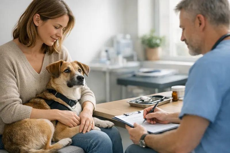Glücklicher Hund nach der Adoption beim Tierarzt für eine Gesundheitsuntersuchung.