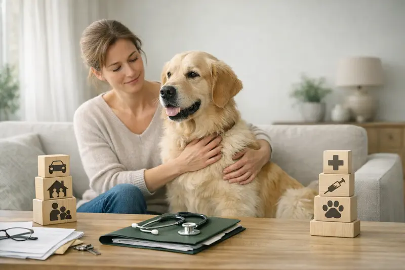 Hundeversicherung: Haftpflicht und OP-Schutz Eine glückliche Hundehalterin, die mit ihrem Hund im Park spaziert, während sie über Hundehaftpflicht und Gesundheitsversicherungen nachdenkt.