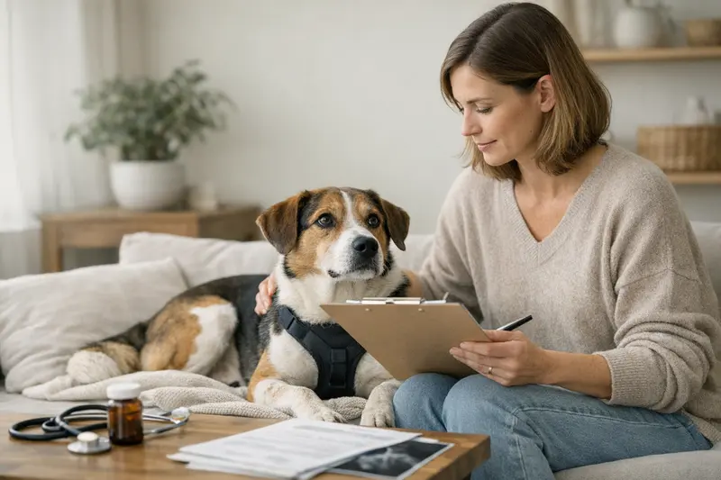 Ein adoptierter Hund, der in einem Tierarztzimmer untersucht wird, um Vorerkrankungen zu klären.