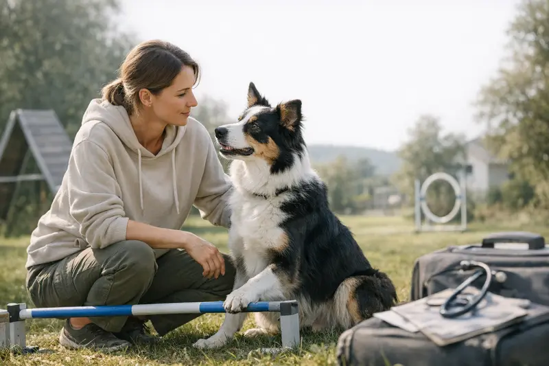Hundetraining und Gesundheitsvorsorge Ein glücklicher Hund beim Training mit seinem Besitzer, der gesundheitliche Vorsorge durch eine Versicherung priorisiert.