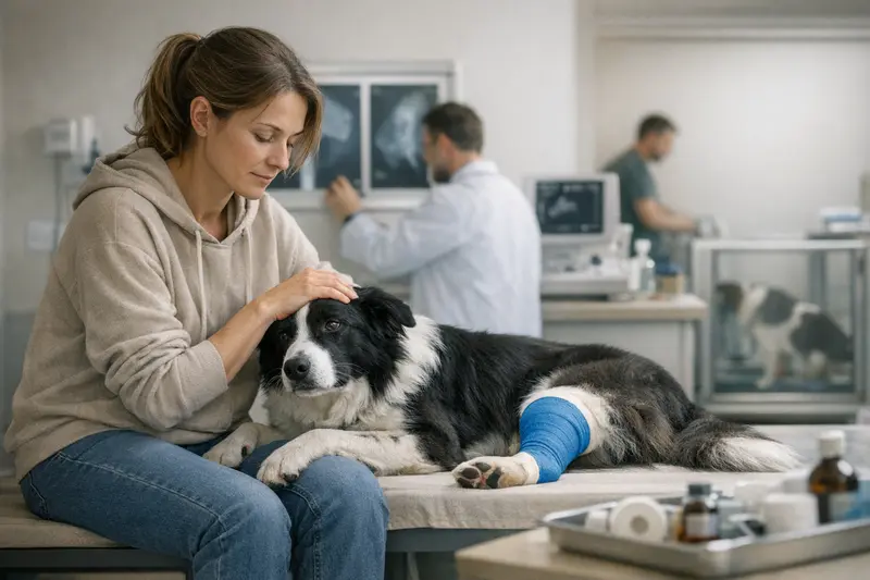 Tierarztkosten bei Hundesportverletzungen Tierarzt untersucht verletzten Hund mit Sportverletzung