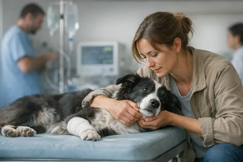 Wichtigkeit von Notdienst und Klinikleistungen Hund in einer Tierklinik während einer Notfallbehandlung.