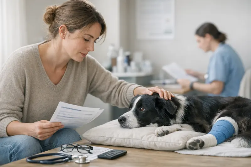 Wichtige Aspekte der Hundekrankenversicherung Ein Hund sitzt entspannt beim Tierarzt, während wichtige Versicherungsfragen besprochen werden.