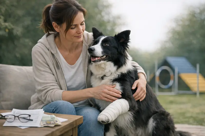 Selbstbeteiligung bei Tierarztkosten Tierarzt, der einem Hund eine Behandlung mit Hinblick auf die Selbstbeteiligung erklärt.