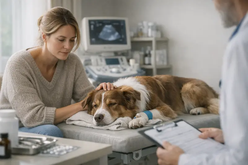 Ein Hund liegt entspannt auf einem Sofa, während sein Besitzer über Trennungsstress und Tierarztkosten informiert ist.