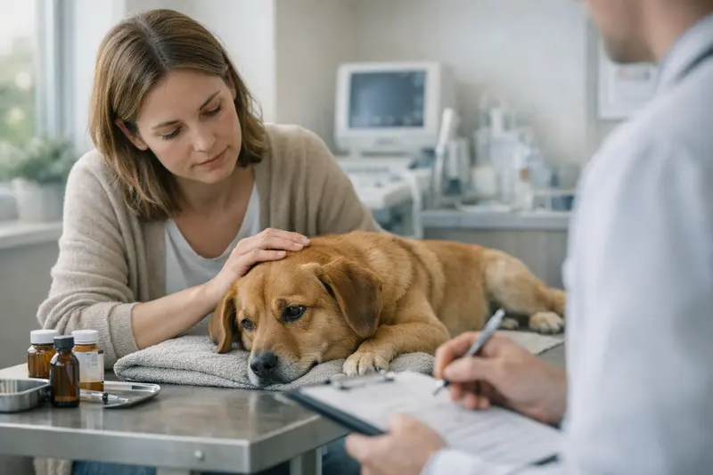 Stresssymptome bei Hunden Ein Hund mit Anzeichen von Stress sitzt traurig im Zimmer.