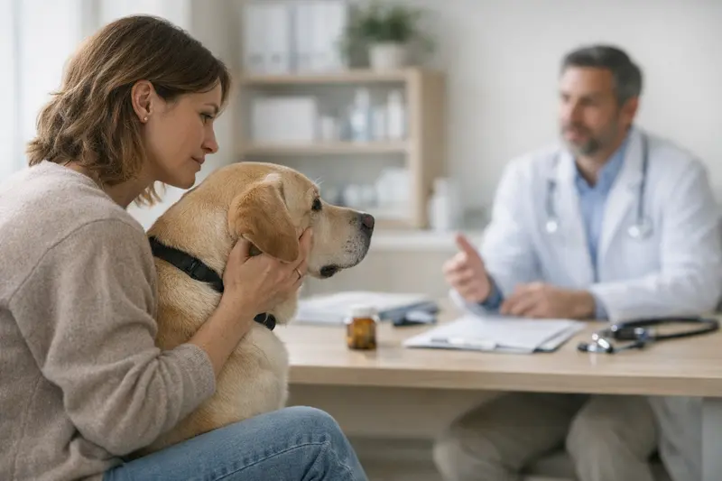 Hund beim Tierarzt zur Untersuchung für wiederkehrende Tierarztbesuche.